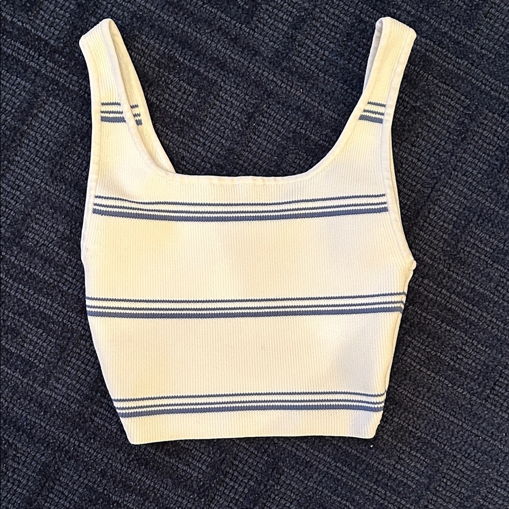 Aritzia Cream Ribbed Crop Tank with Navy Stripe